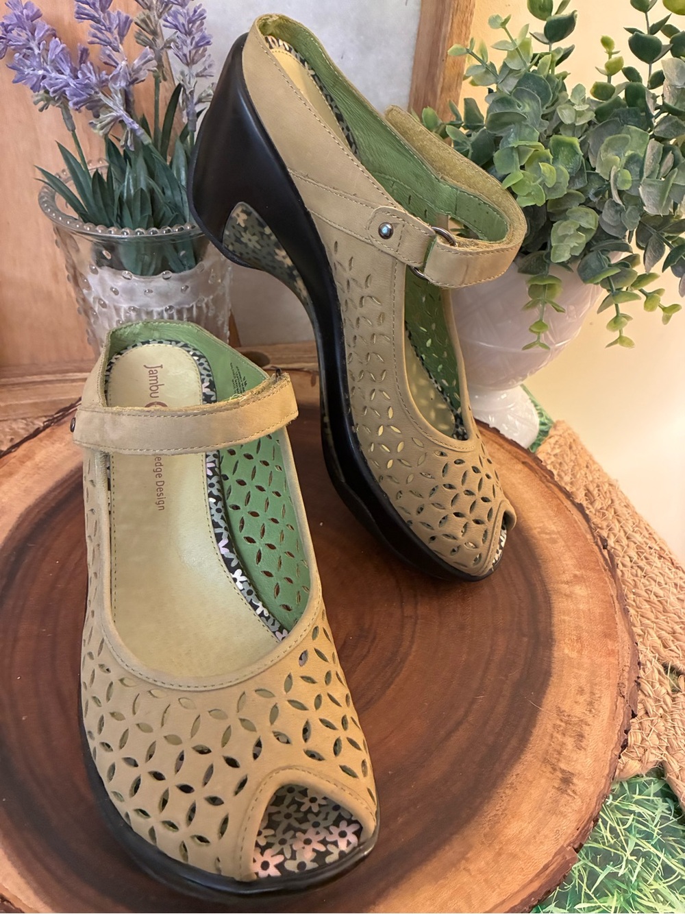 Jambu Olive Green Cutout Mary Jane Wedge Heels